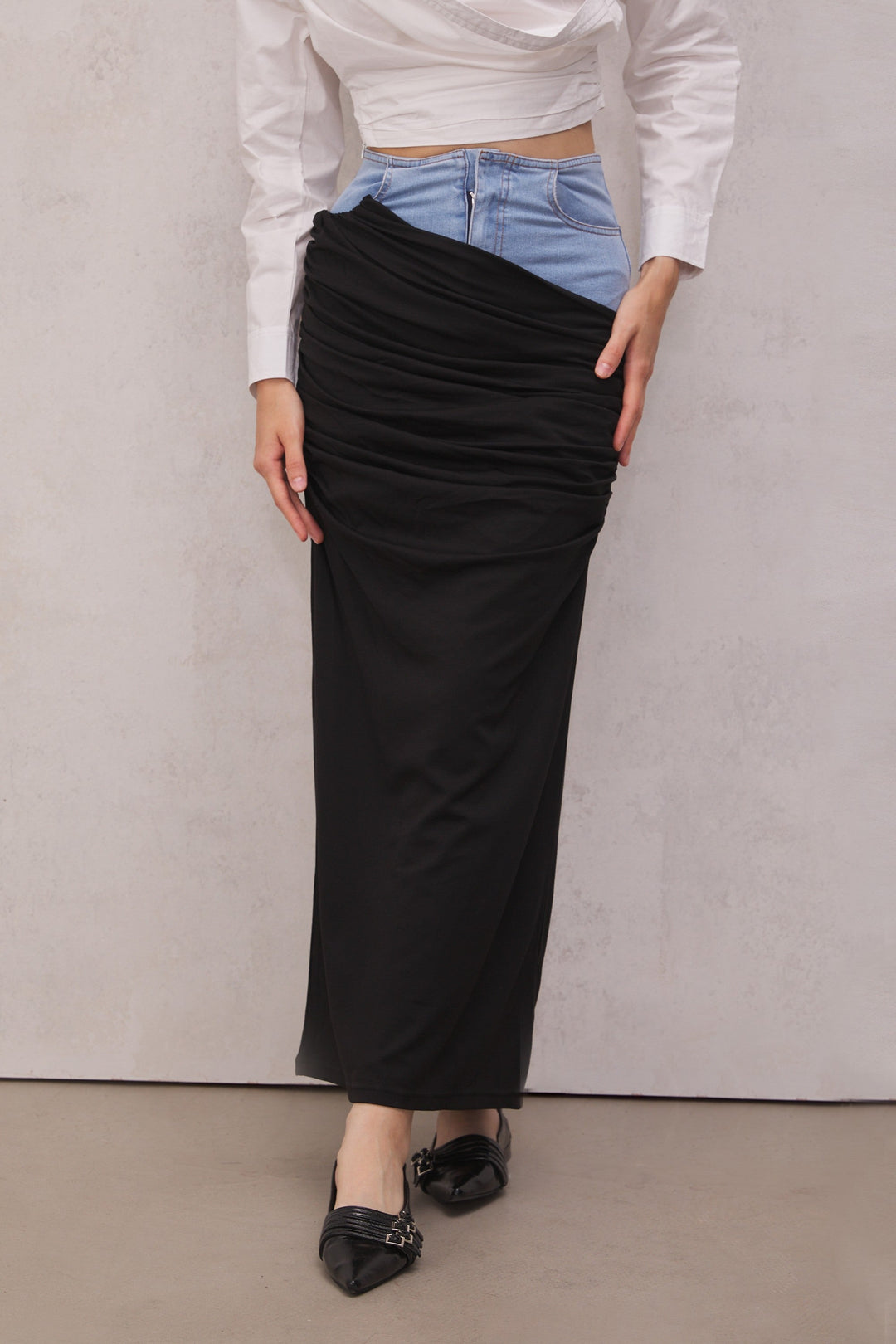 Melody Draped Denim Skirt - Celestia Couture