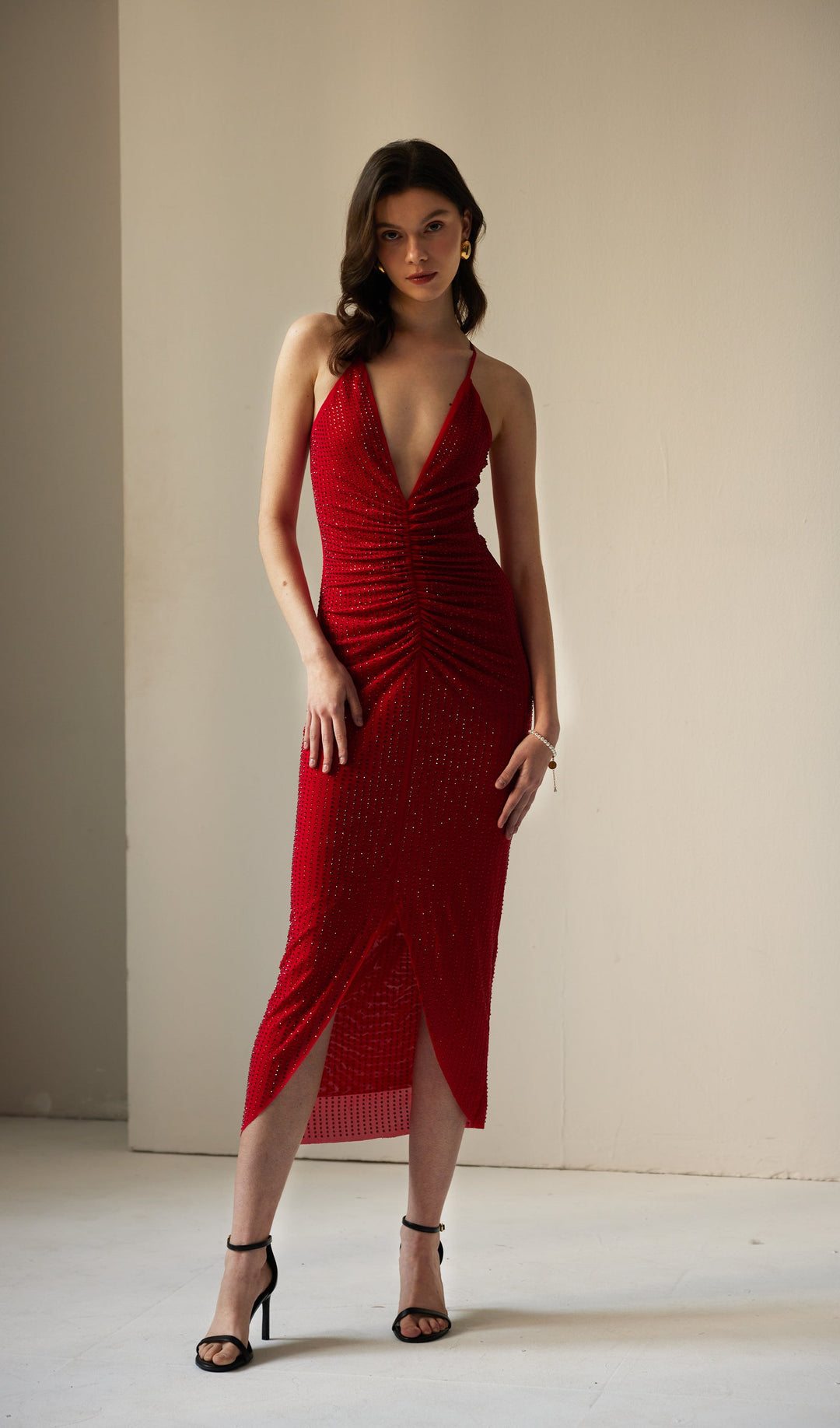 Diamante Ruched Midi Dress - Celestia Couture