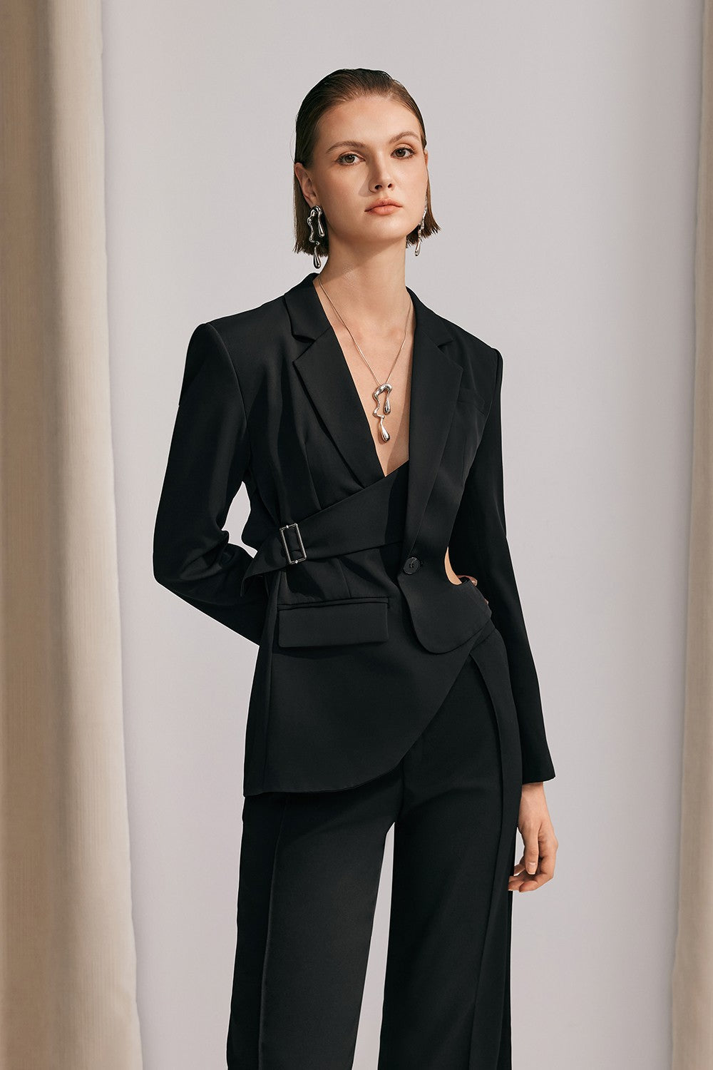 Morgan Asymmetric Cutout Blazer In Black - Celestia Couture