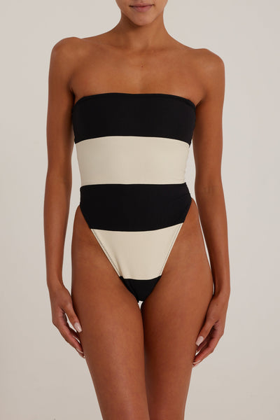 Stripe Strapless One Piece (Faux Suede Black/Cream) - Celestial Couture