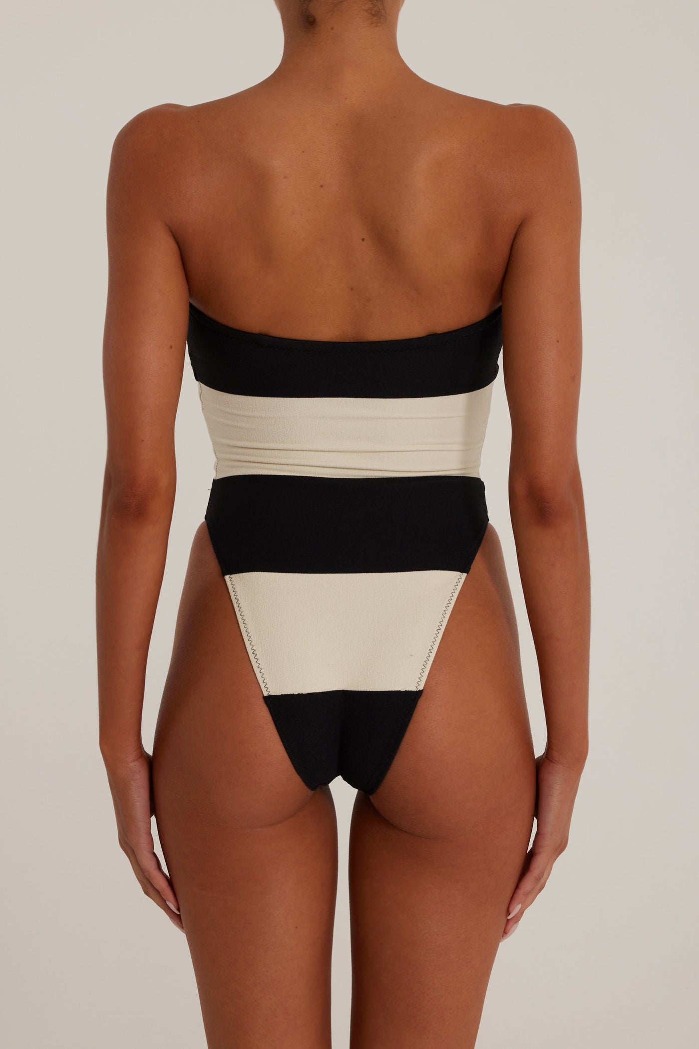 Stripe Strapless One Piece (Faux Suede Black/Cream) - Celestial Couture