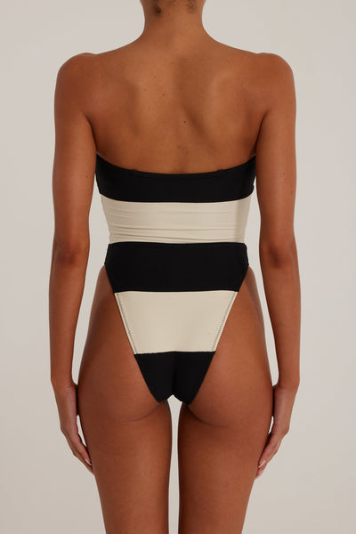 Stripe Strapless One Piece (Faux Suede Black/Cream) - Celestial Couture