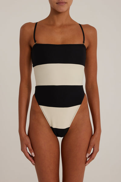 Stripe Strapless One Piece (Faux Suede Black/Cream) - Celestial Couture