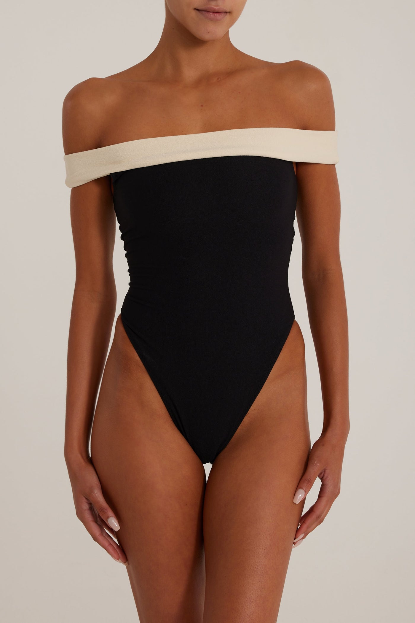 Off Shoulder One Piece (Faux Suede Black/Cream) - Celestial Couture