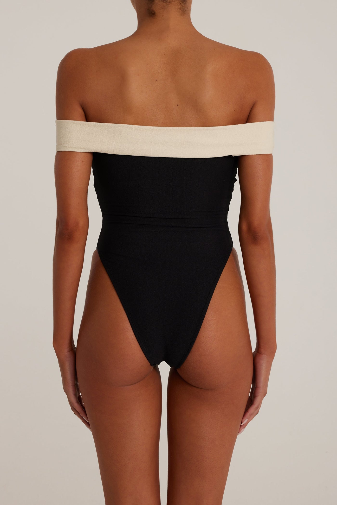 Off Shoulder One Piece (Faux Suede Black/Cream) - Celestial Couture