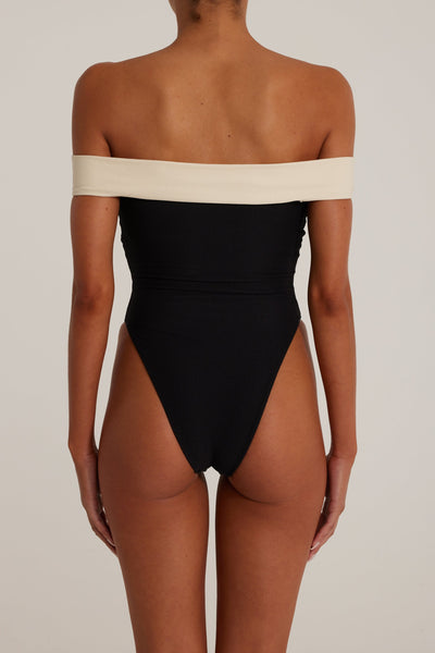 Off Shoulder One Piece (Faux Suede Black/Cream) - Celestial Couture