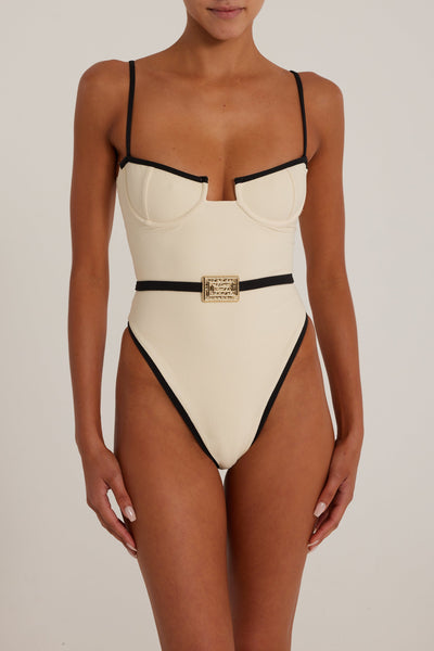 Belted One Piece (Faux Suede Cream/Black) - Celestial Couture