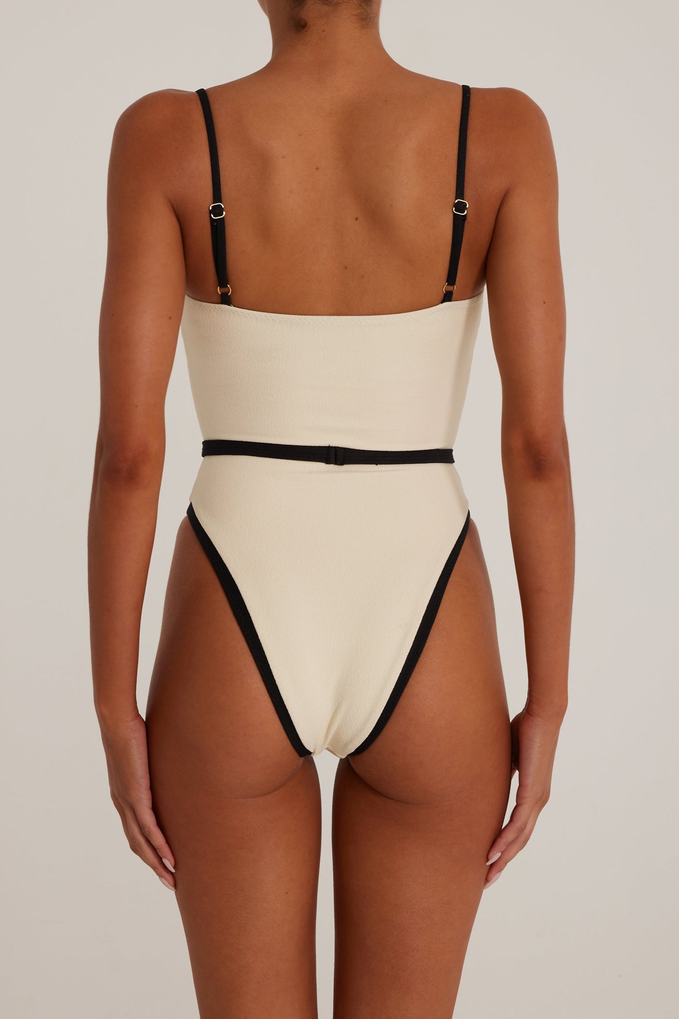 Belted One Piece (Faux Suede Cream/Black) - Celestial Couture