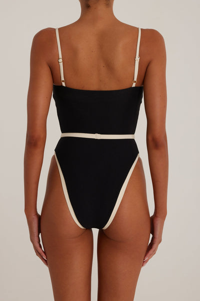 Belted One Piece (Faux Suede Black/Cream) - Celestial Couture