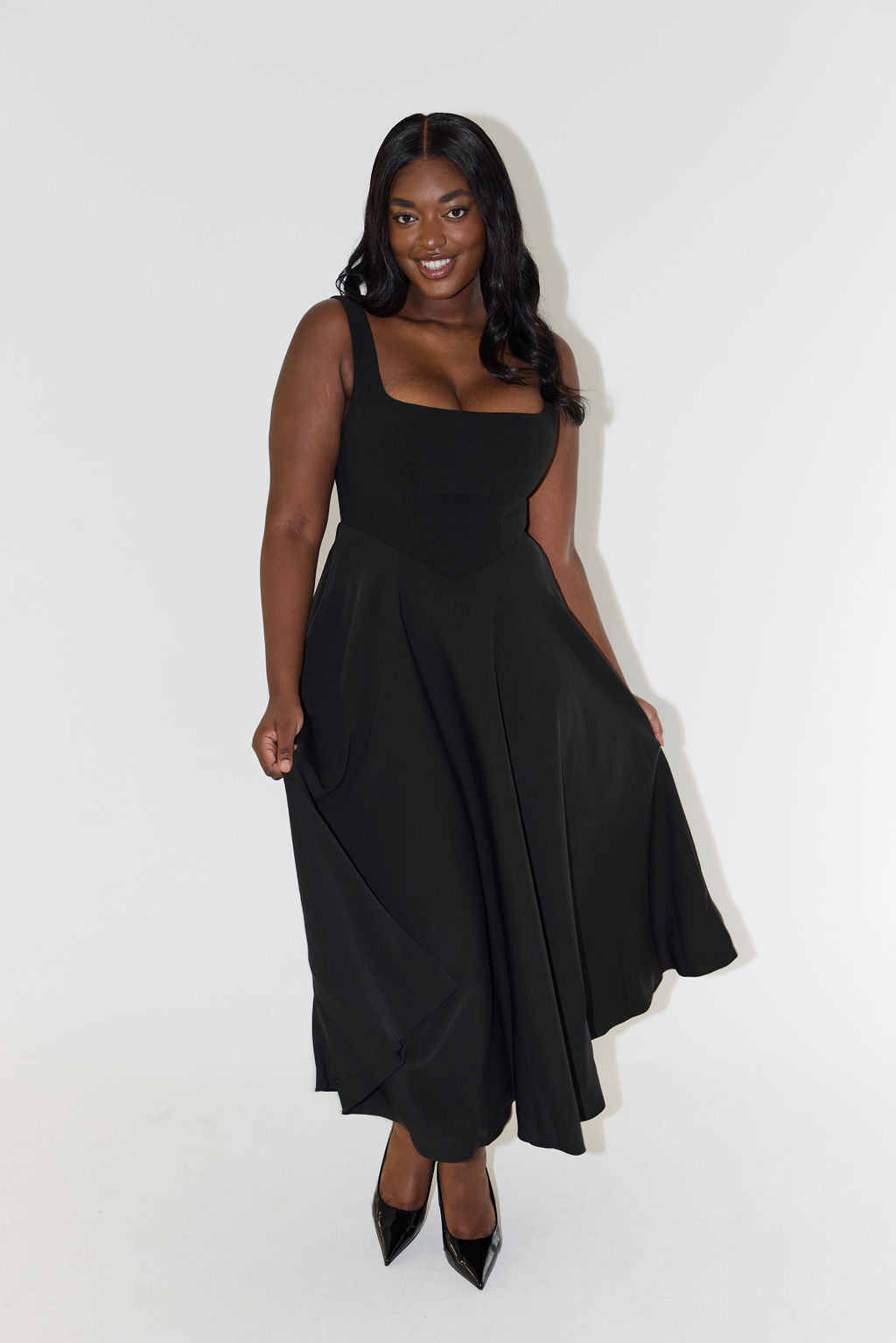 Celestia High Waist Square Neck Midi Dress | Black - Celestial Couture