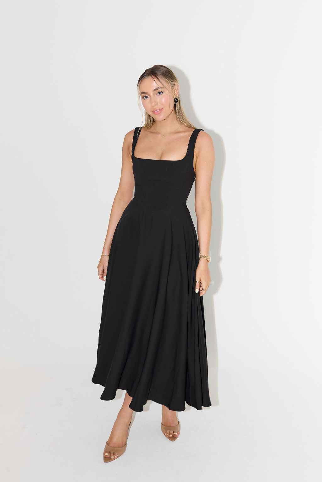 Celestia High Waist Square Neck Midi Dress | Black - Celestial Couture