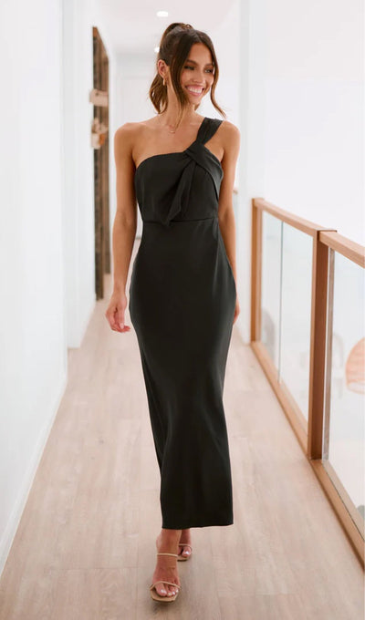 One Shoulder Draping Feature Midi Dress