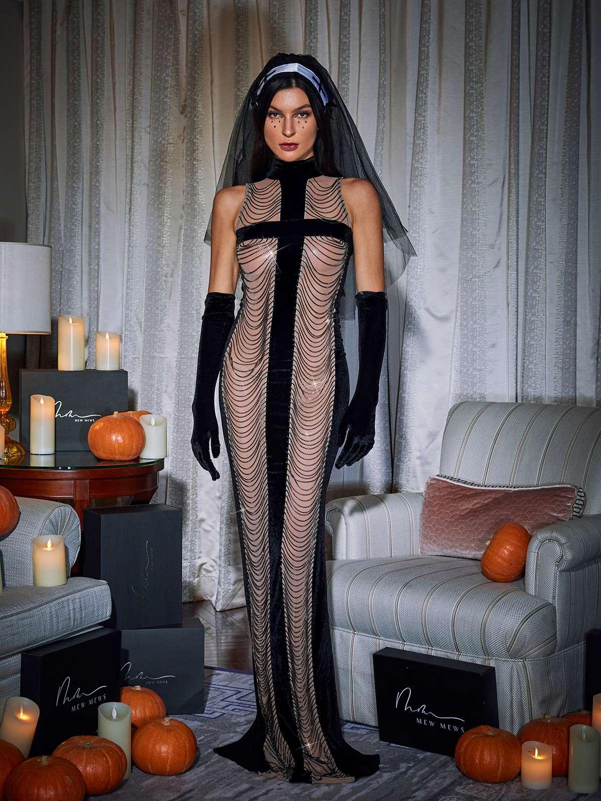 Elegant Black Maxi Dress with High Neck, Chain Fringe Detailing, and Chic Gloves - Celestial Couture