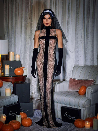 Elegant Black Maxi Dress with High Neck, Chain Fringe Detailing, and Chic Gloves - Celestial Couture