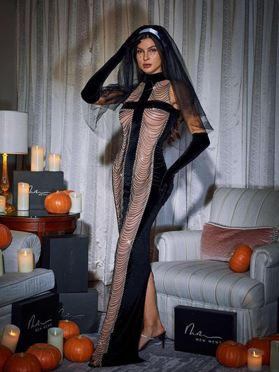 Elegant Black Maxi Dress with High Neck, Chain Fringe Detailing, and Chic Gloves - Celestial Couture