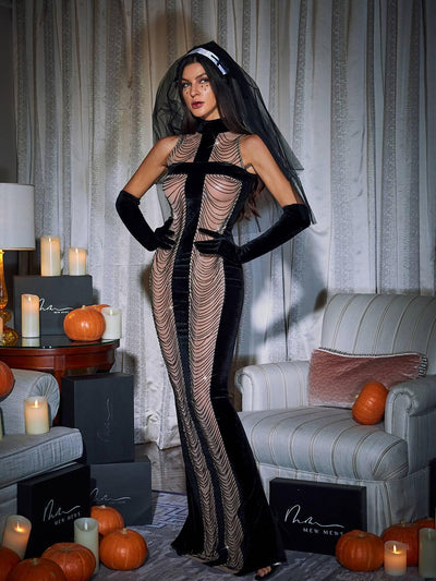 Elegant Black Maxi Dress with High Neck, Chain Fringe Detailing, and Chic Gloves - Celestial Couture