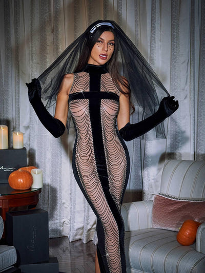 Elegant Black Maxi Dress with High Neck, Chain Fringe Detailing, and Chic Gloves - Celestial Couture