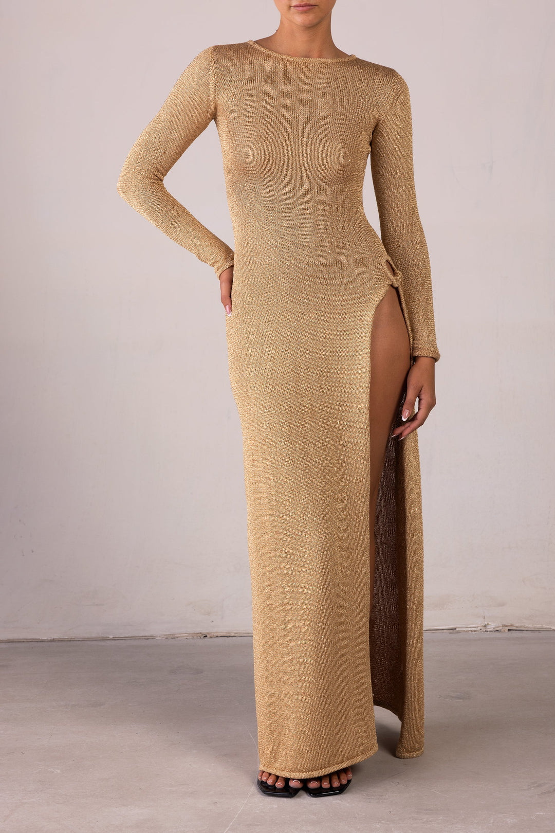 Long Sleeve Twist Dress (Gold Sequin) - Celestia Couture