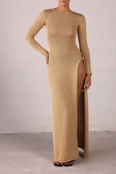 Long Sleeve Twist Dress (Gold Sequin) - Celestial Couture