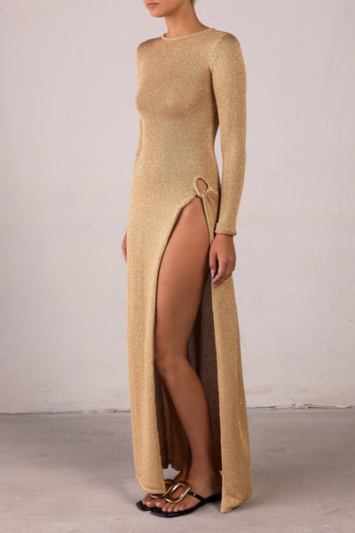 Long Sleeve Twist Dress (Gold Sequin) - Celestial Couture