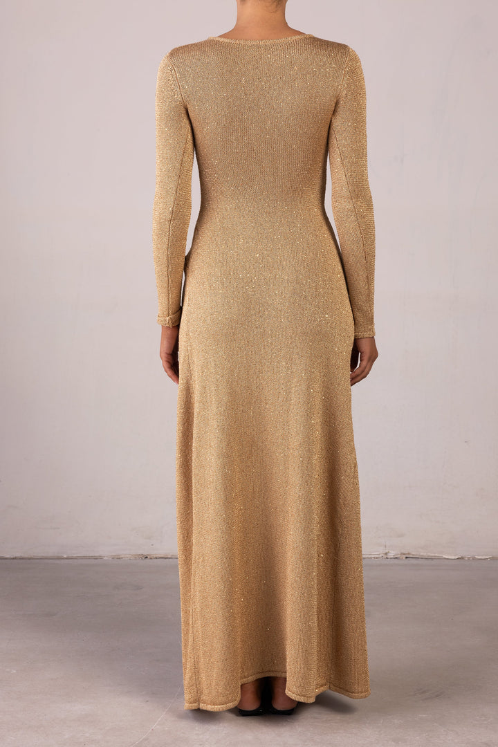 Long Sleeve Twist Dress (Gold Sequin) - Celestia Couture