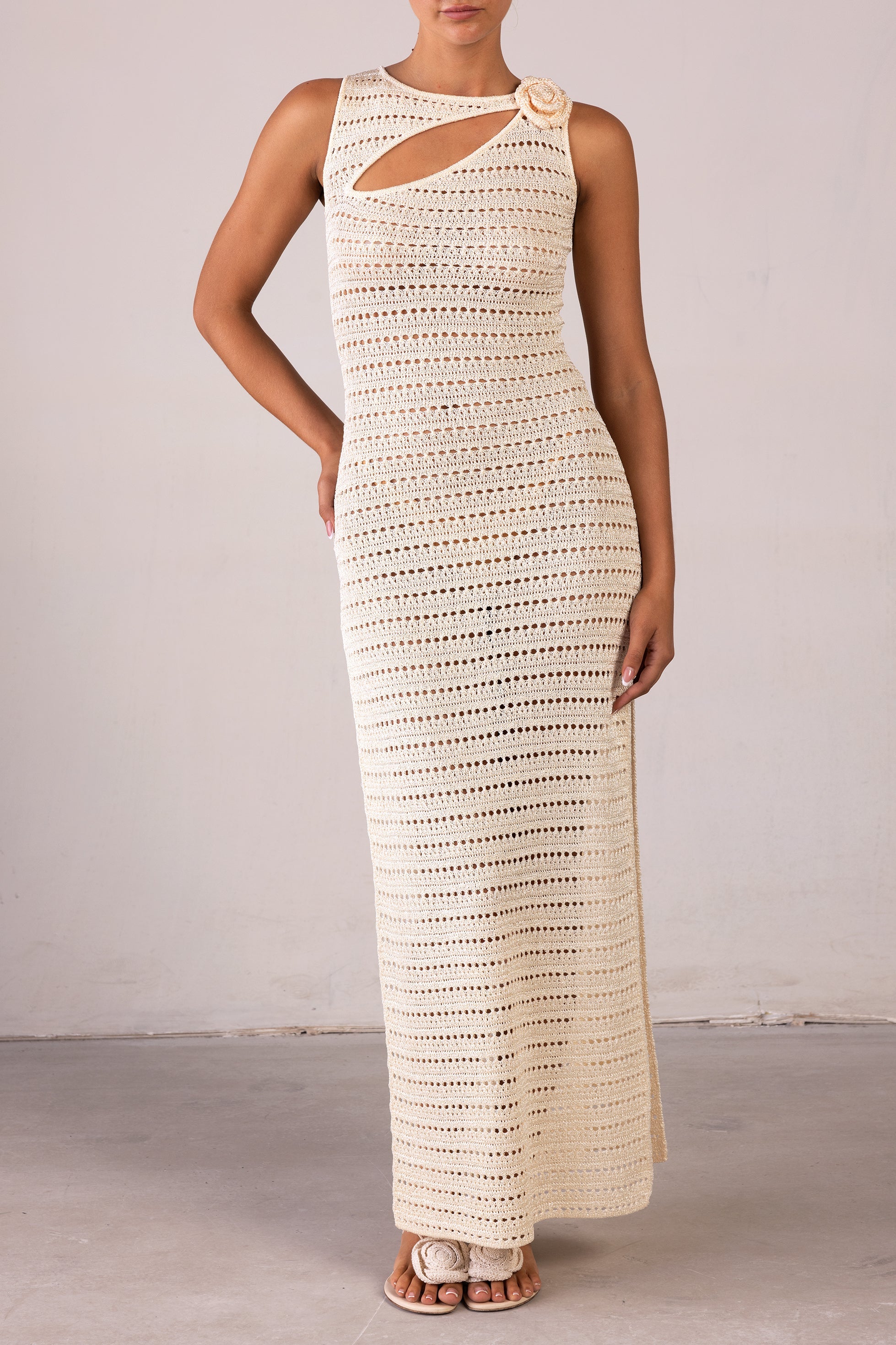 Rosette Sleeveless Crochet Dress (Cream) - Celestial Couture