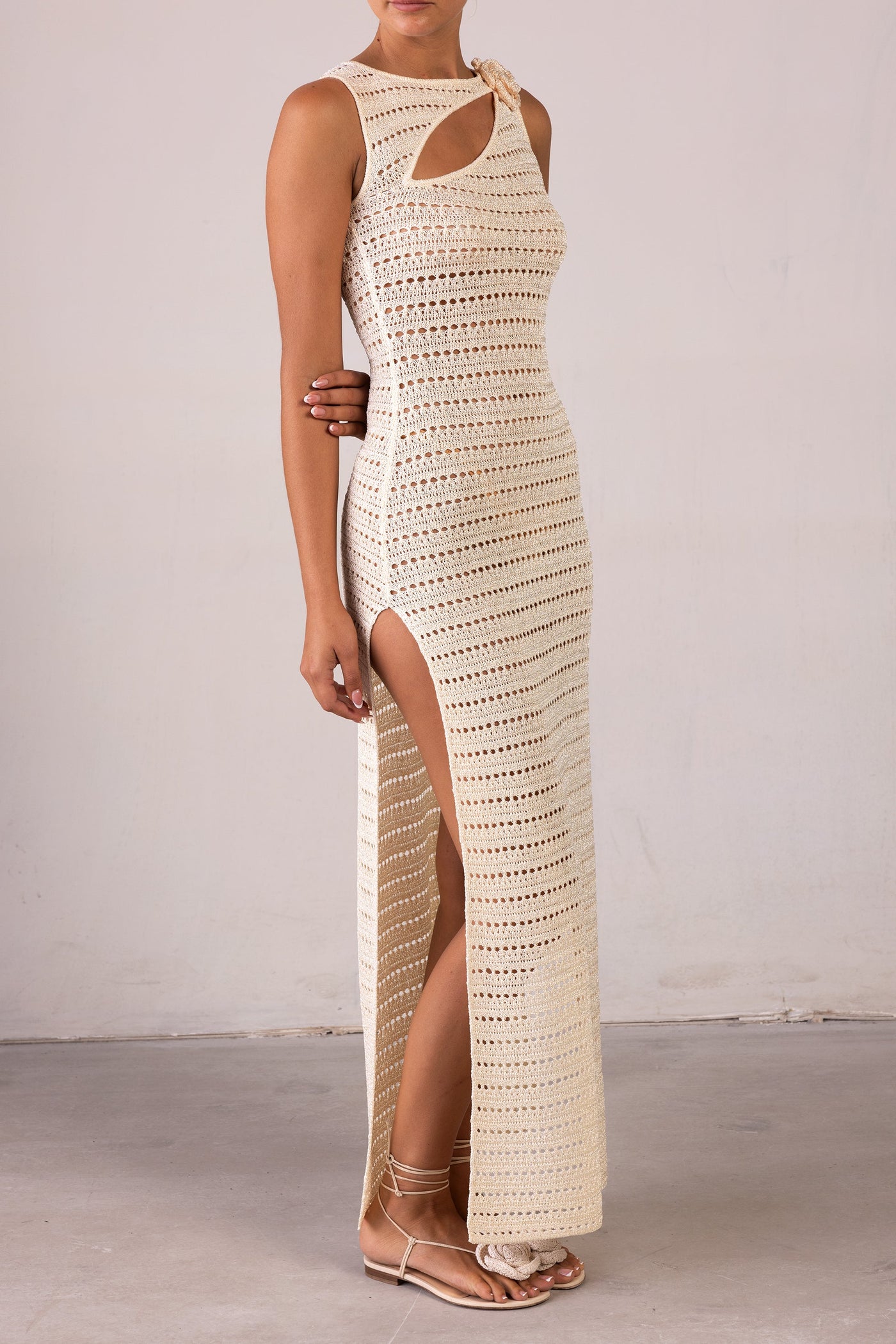 Rosette Sleeveless Crochet Dress (Cream) - Celestial Couture