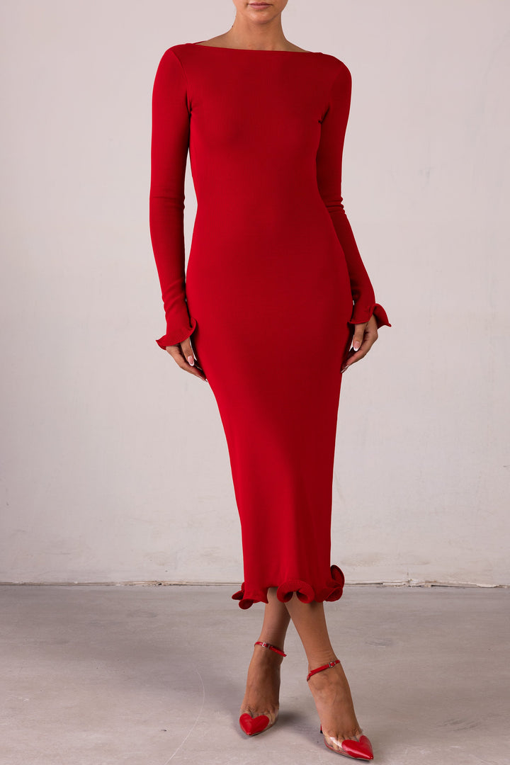 Ruffle Hem Midi Dress (Red) - Celestia Couture