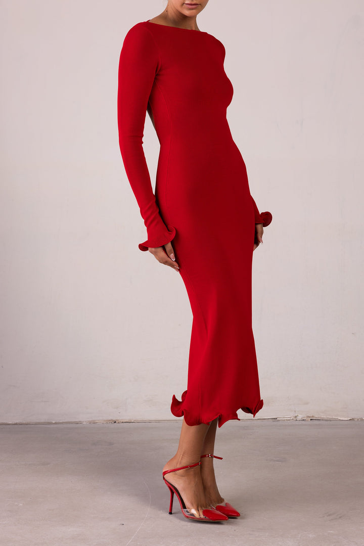 Ruffle Hem Midi Dress (Red) - Celestia Couture