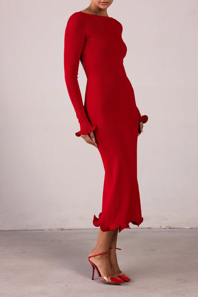 Ruffle Hem Midi Dress (Red) - Celestial Couture