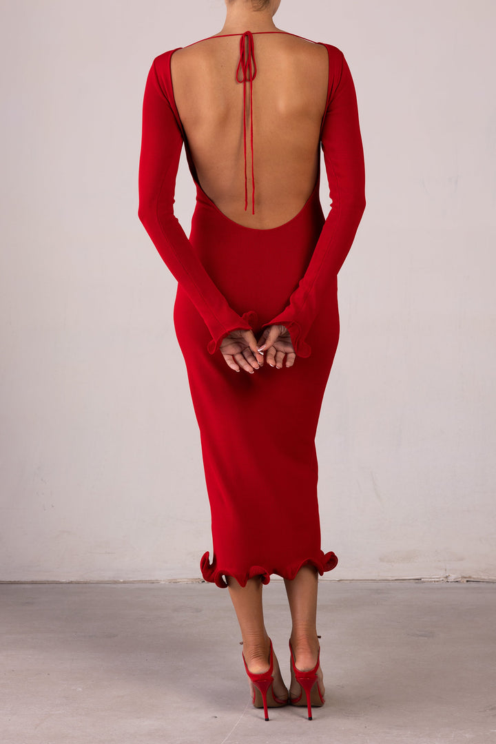 Ruffle Hem Midi Dress (Red) - Celestia Couture