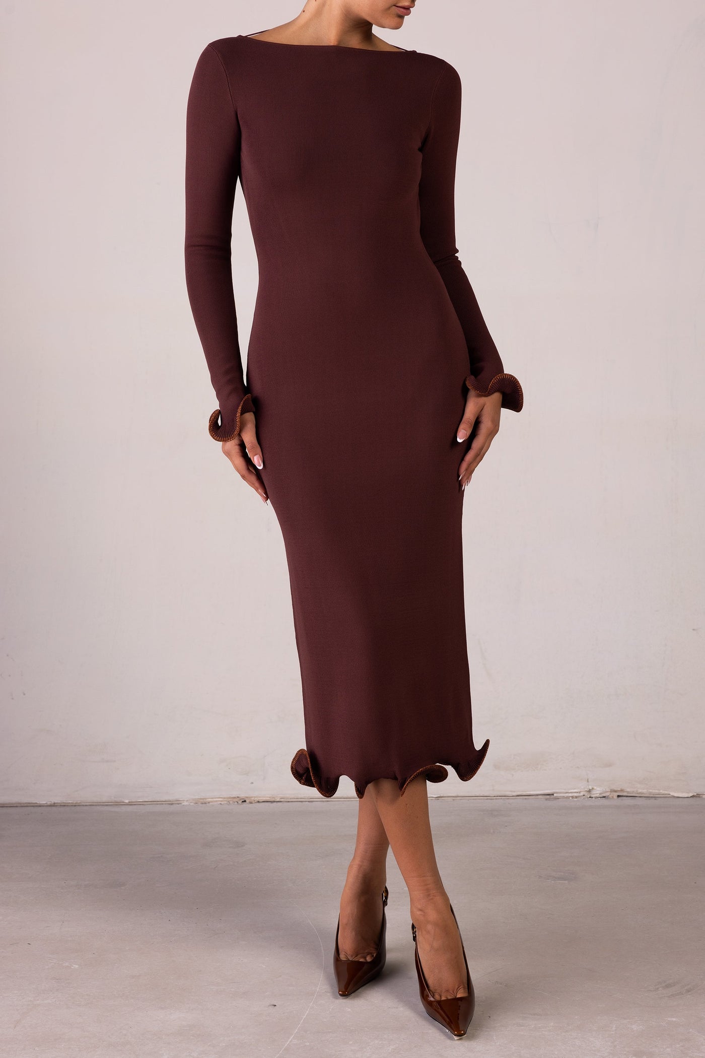 Ruffle Hem Midi Dress (Chocolate Brown/Brown Lurex) - Celestial Couture