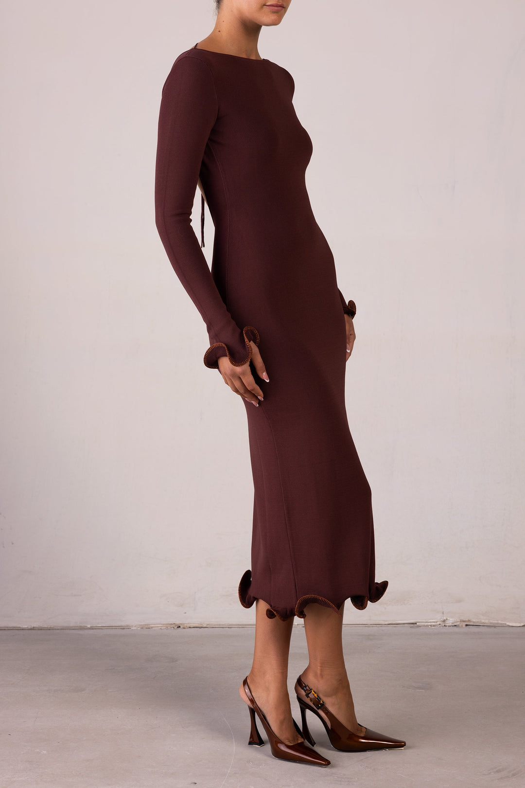 Ruffle Hem Midi Dress (Chocolate Brown/Brown Lurex) - Celestia Couture
