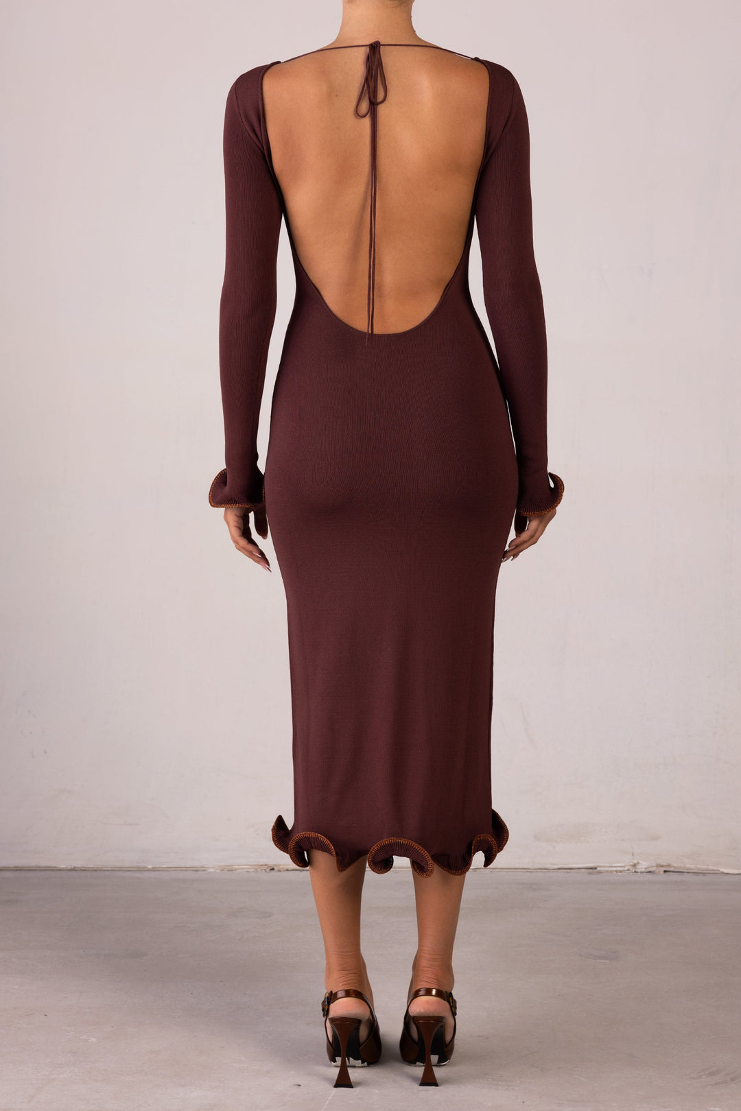 Ruffle Hem Midi Dress (Chocolate Brown/Brown Lurex) - Celestia Couture