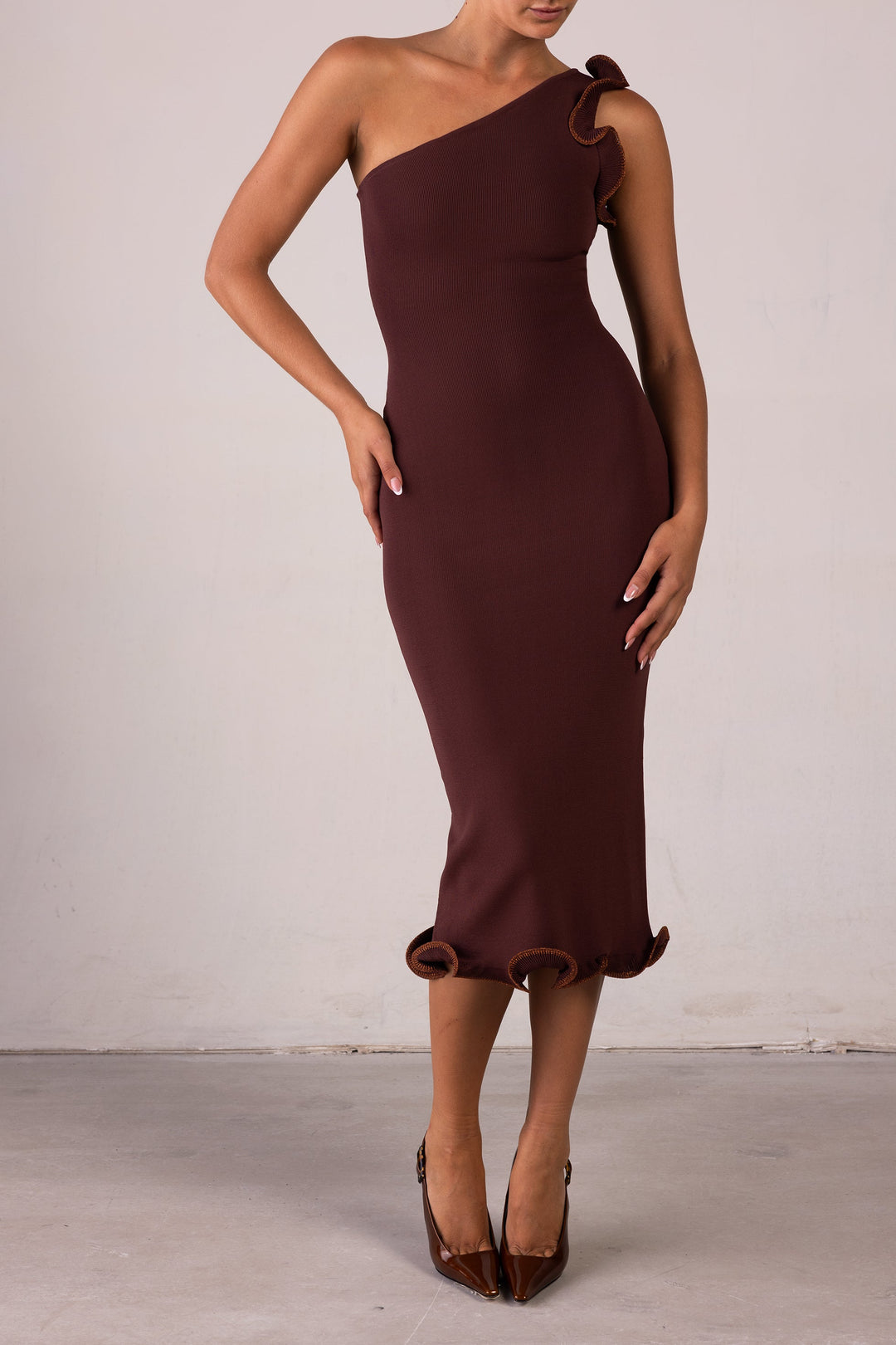Ruffle Hem One Shoulder Dress (Chocolate Brown/Brown Lurex) - Celestia Couture