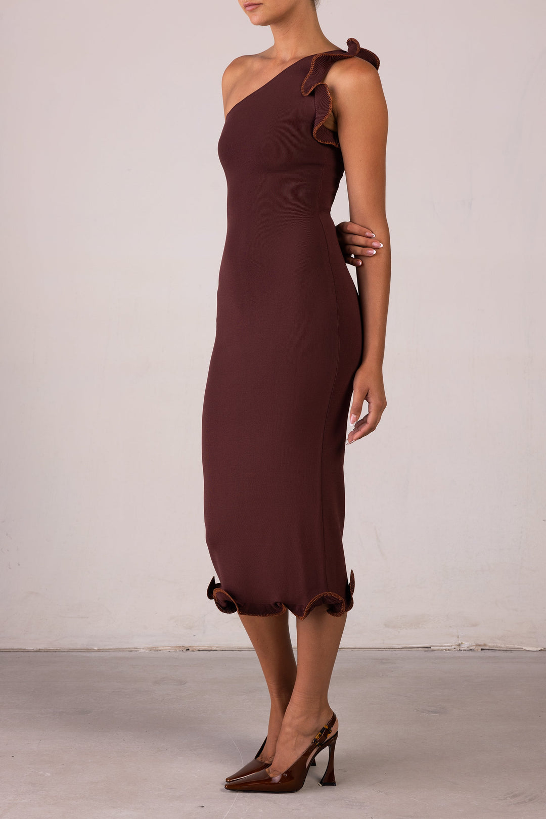 Ruffle Hem One Shoulder Dress (Chocolate Brown/Brown Lurex) - Celestia Couture