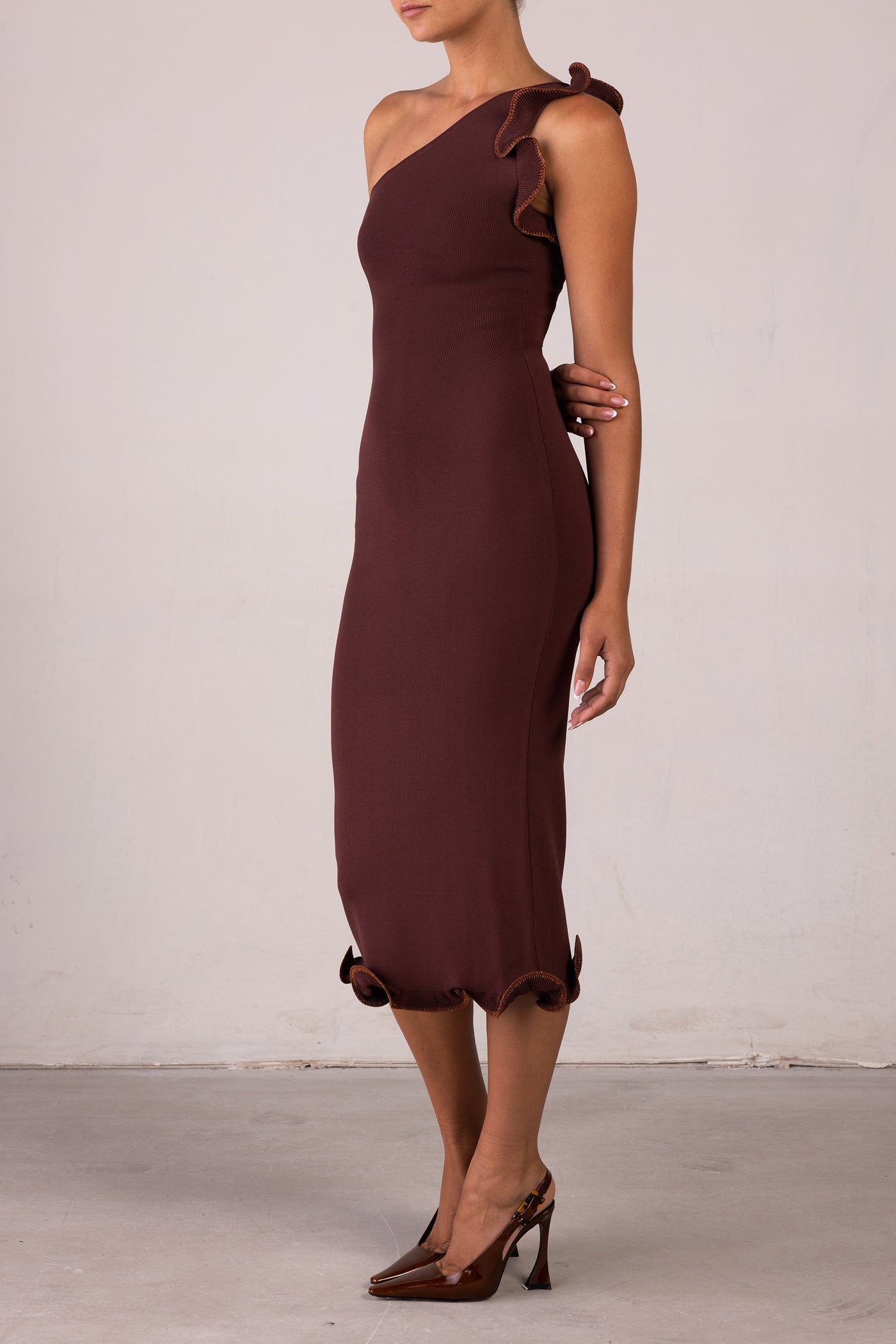 Ruffle Hem One Shoulder Dress (Chocolate Brown/Brown Lurex) - Celestial Couture