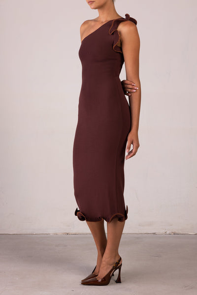 Ruffle Hem One Shoulder Dress (Chocolate Brown/Brown Lurex) - Celestial Couture