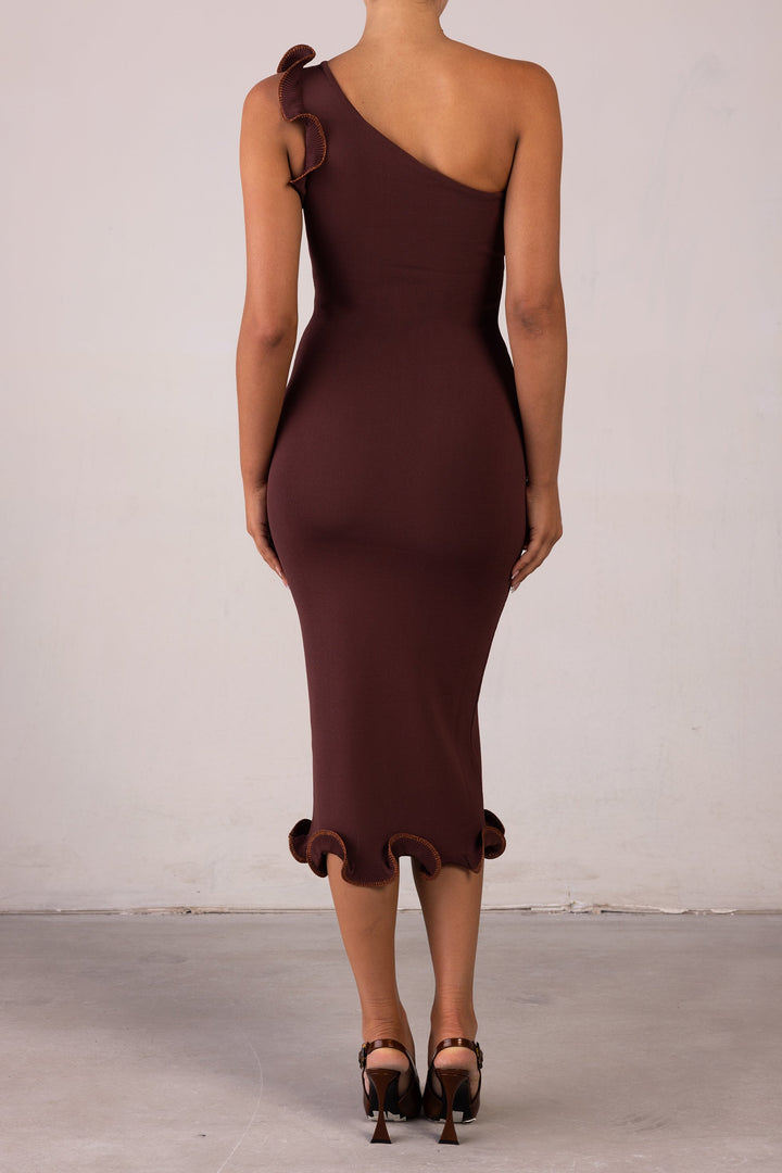 Ruffle Hem One Shoulder Dress (Chocolate Brown/Brown Lurex) - Celestia Couture