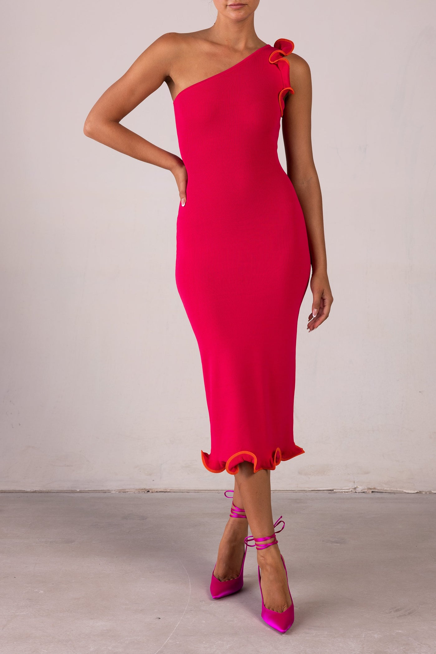 Ruffle Hem One Shoulder Dress (Hot Pink/Orange) - Celestial Couture