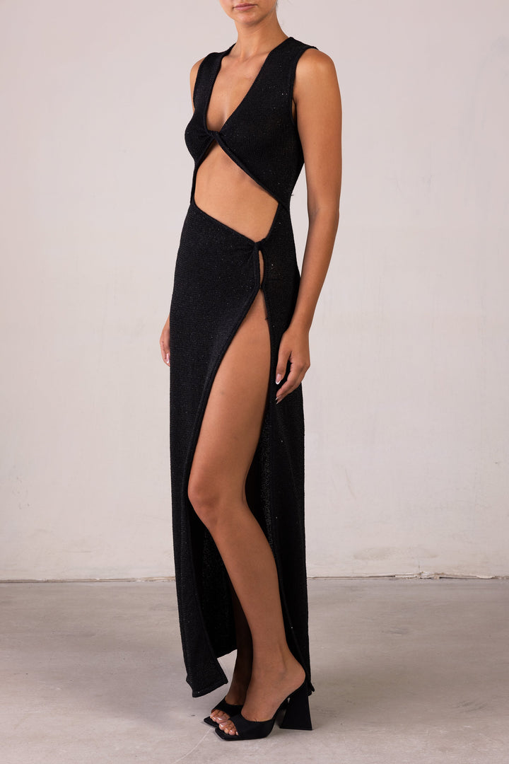 Cut Out Twist Dress (Black Sequin) - Celestia Couture