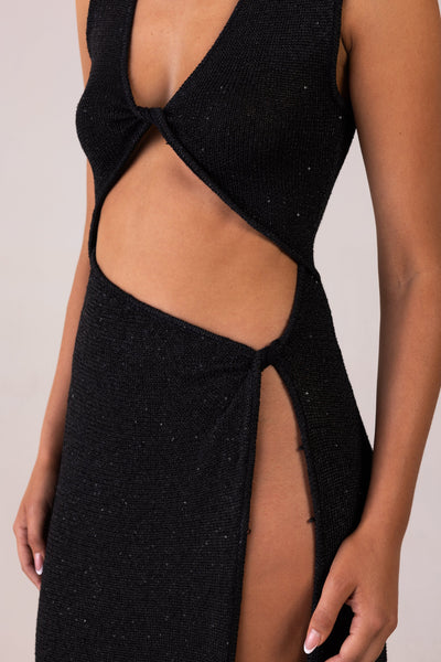 Cut Out Twist Dress (Black Sequin) - Celestial Couture