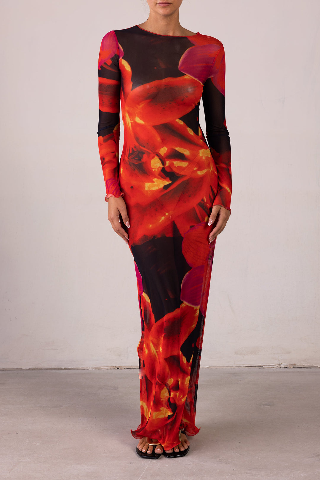 Mesh Maxi Dress (Red Tropical) - Celestia Couture