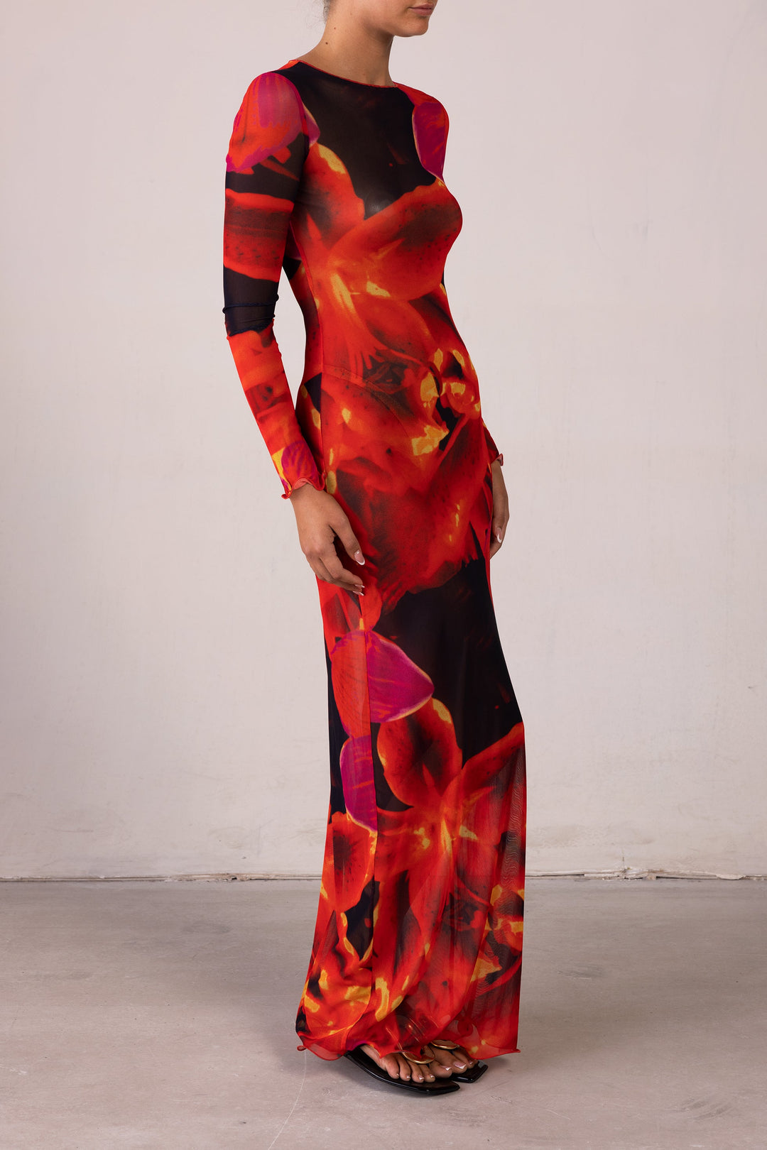 Mesh Maxi Dress (Red Tropical) - Celestia Couture