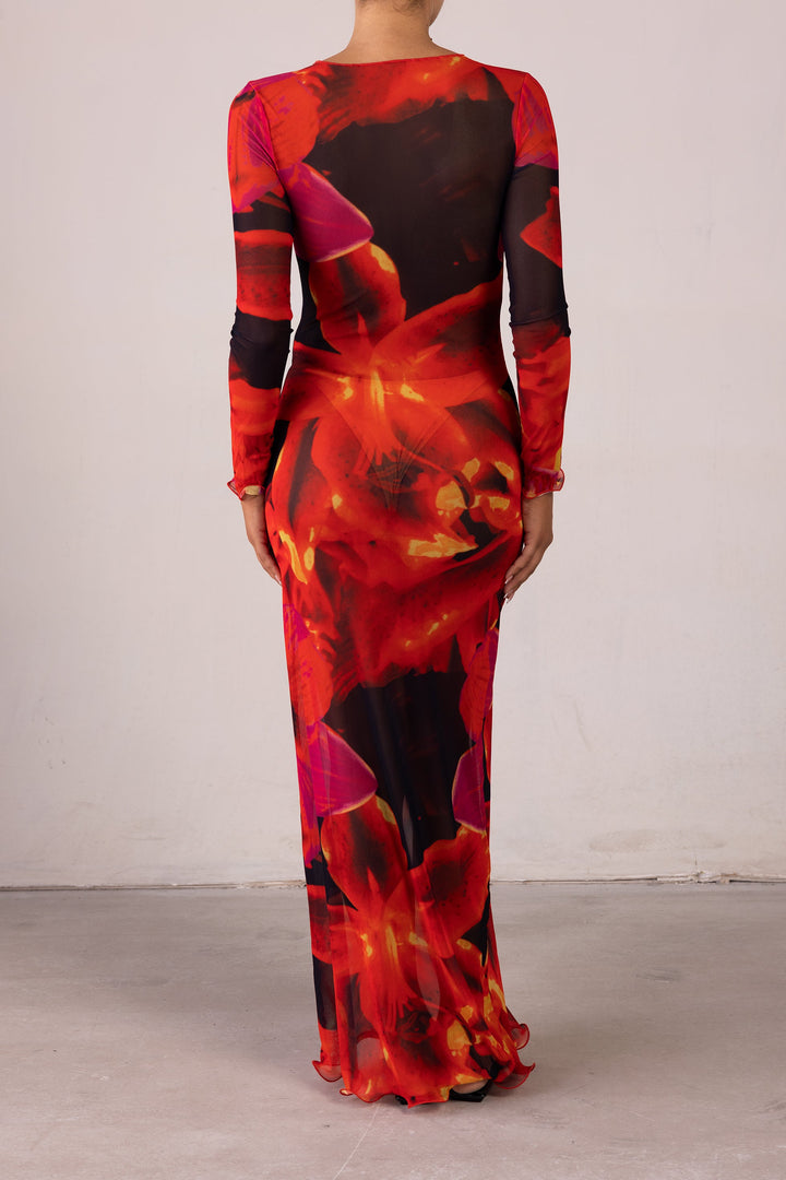 Mesh Maxi Dress (Red Tropical) - Celestia Couture