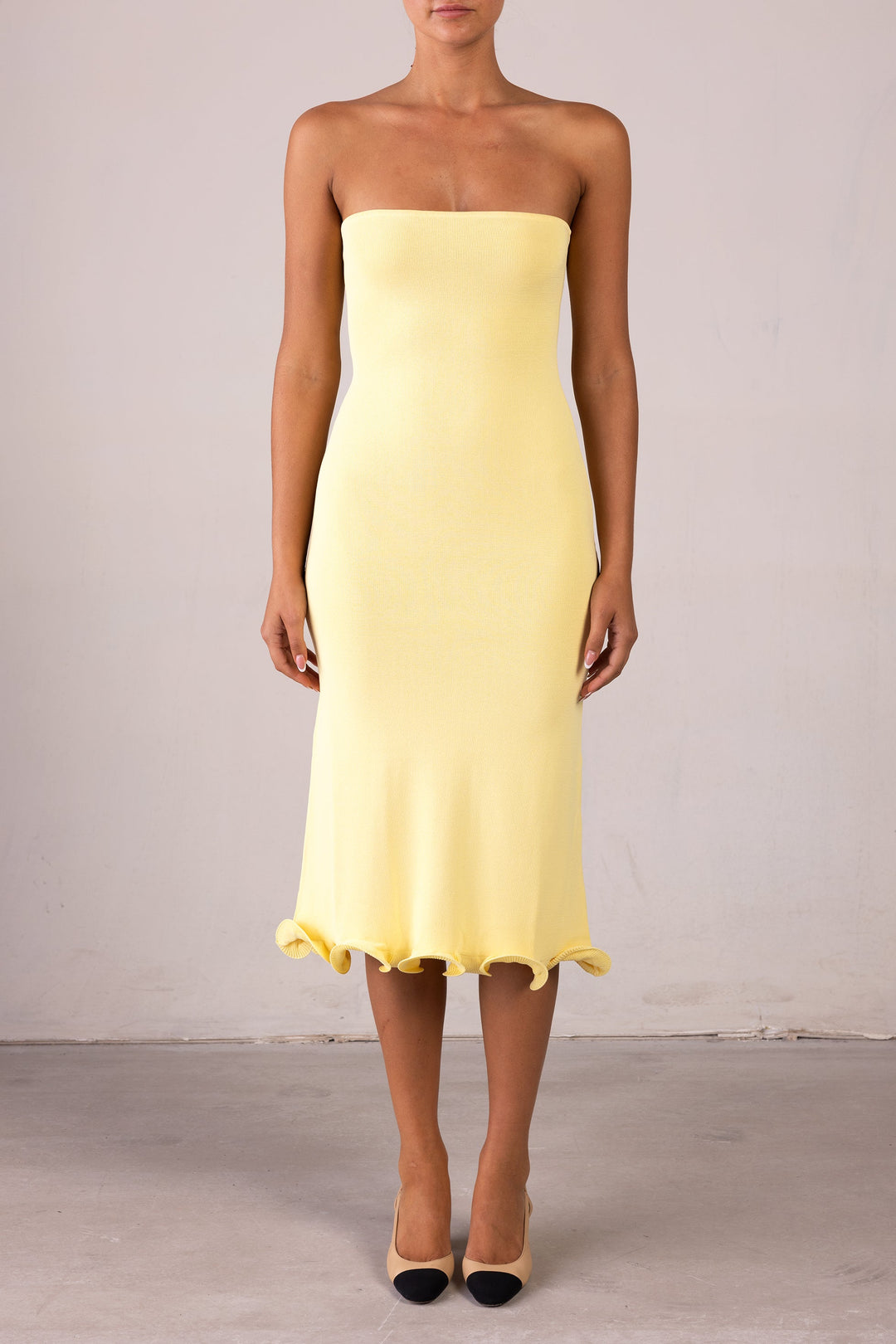 Ruffle Hem Strapless Dress (Butter Yellow) - Celestia Couture