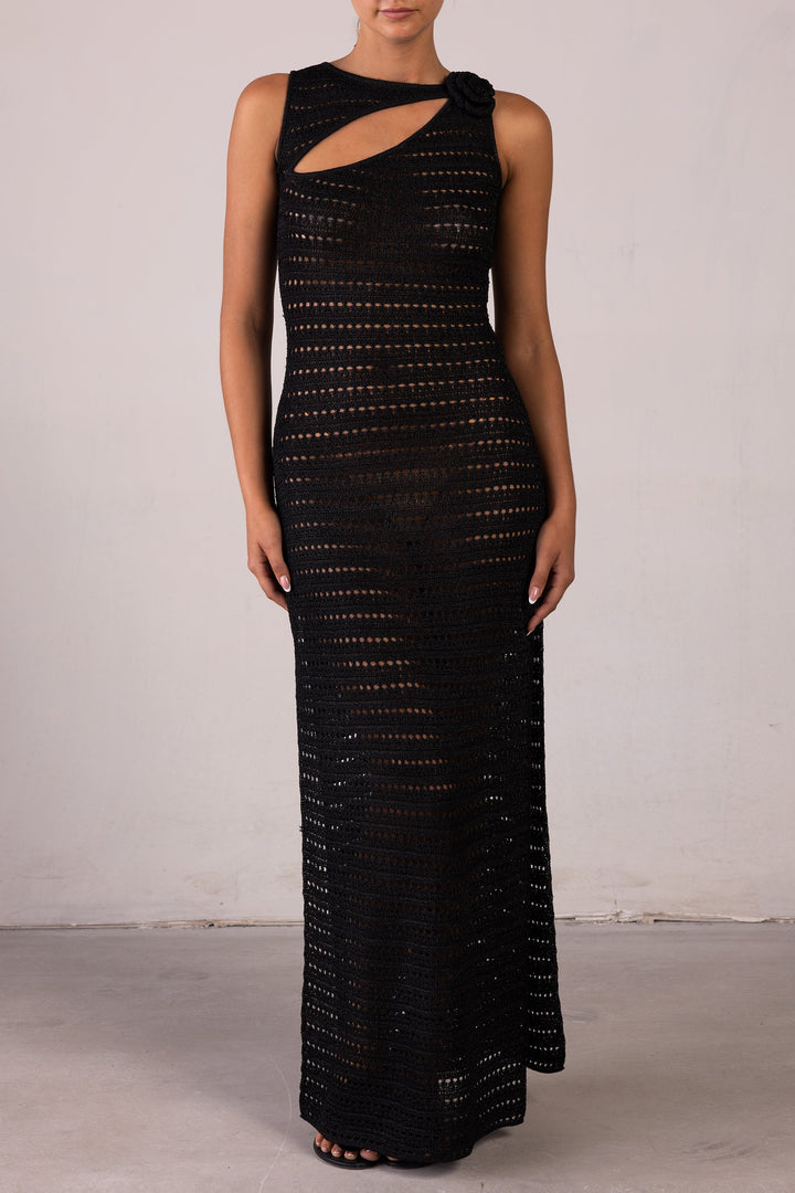 Rosette Sleeveless Crochet Dress (Black) - Celestia Couture