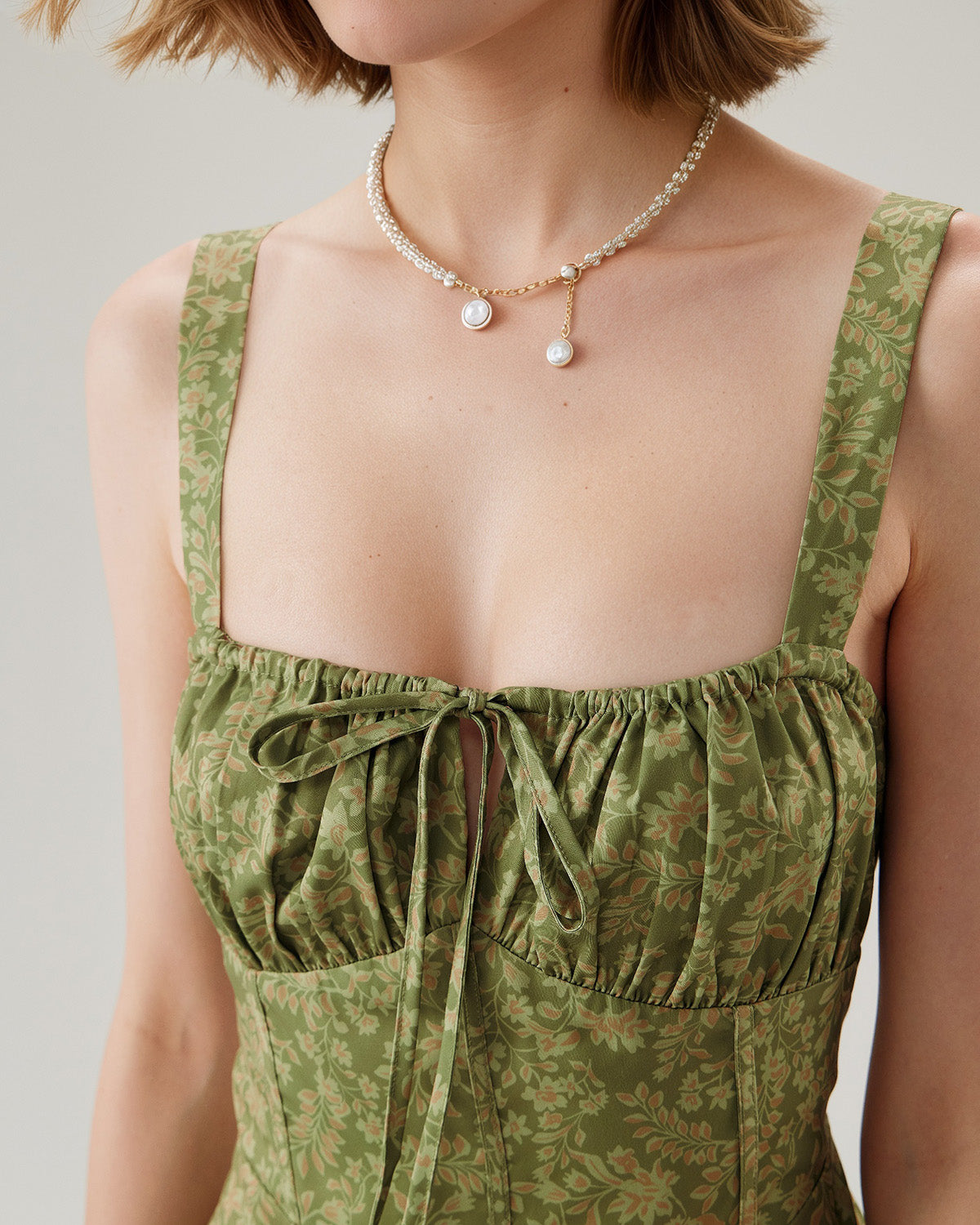 Emerald Bloom Green Floral Ruched Slip Mini Dress