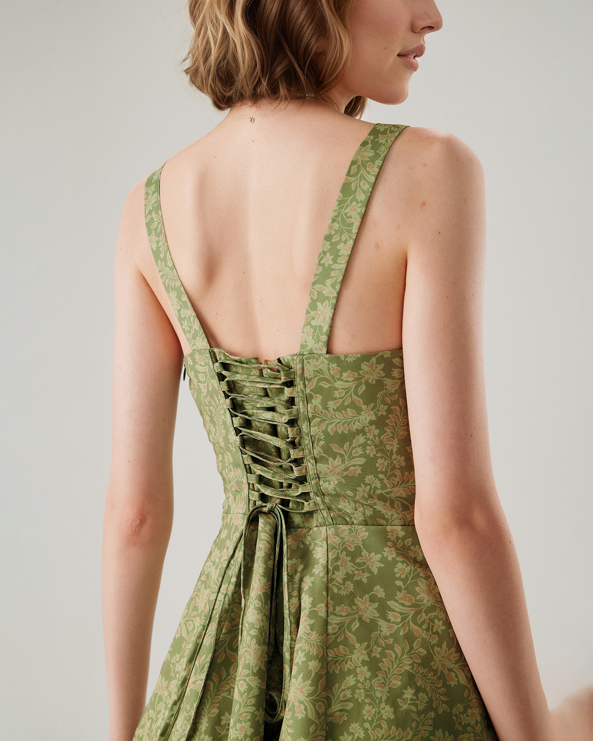 Emerald Bloom Green Floral Ruched Slip Mini Dress