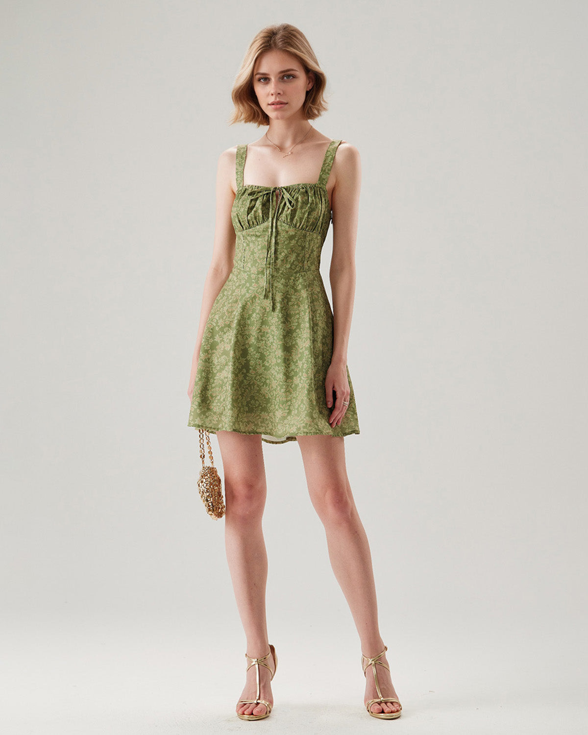 Emerald Bloom Green Floral Ruched Slip Mini Dress